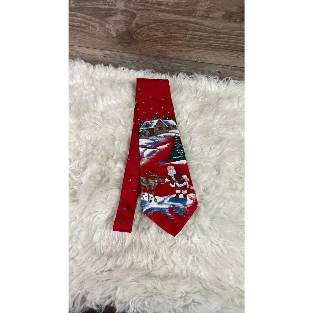 TOWNCRAFT Men’s Silk Christmas Dress Tie Santa Feeding Reindeer Vintage 46” Red